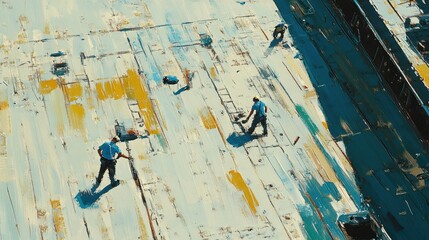 Workers Aligning Sections of a Large Deck in Daylight