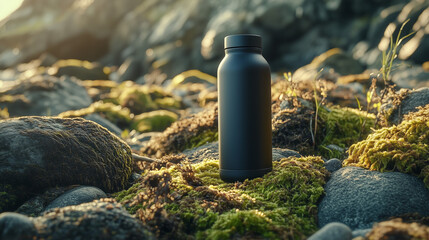 Obraz premium Thermos bottle in a rugged outdoor setting, slightly worn with a matte finish, nestled among rocks and moss, soft morning light, focus on durability and adventure, ideal for hiking or camping