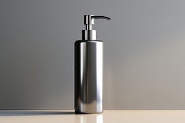 Obraz premium Elegant stainless steel soap dispenser showcasing matte and shiny surfaces with reflective details