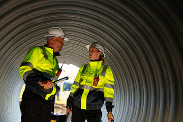 Female and male engineers work inside a large steel pipe. Workers build pipelines to transport oil,...