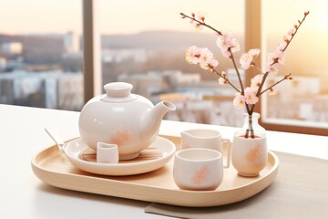 Fototapeta premium Serene minimalist tea ceremony with pastel tea set and delicate natural elements in gentle light