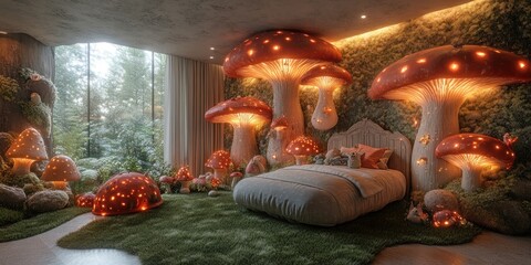 A magical bedroom with mushroom lamps and a bed in a lush green forest setting.