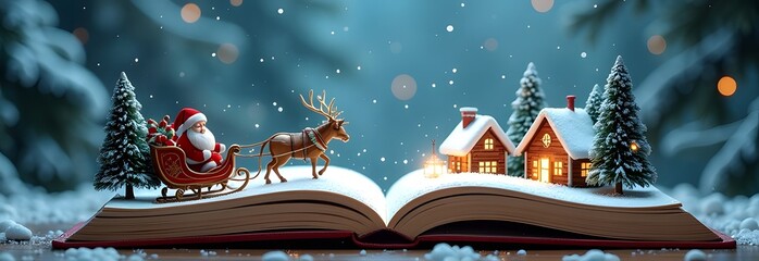A beautifully illustrated book lies open, revealing a charming Christmas scene that features Santa Claus joyfully riding in a sleigh, surrounded by festive elements