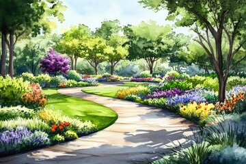 Fototapeta premium Botanical Haven: Watercolor Garden Landscape Design with Lush Greenery and Ornamental Flowers