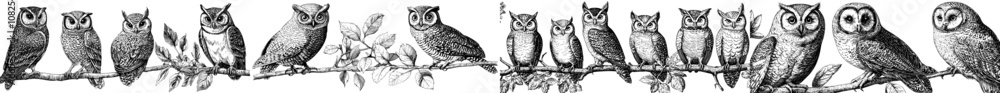 Poster boho style owls with patterns on wings. happy wild animals and owlets. cute owls set, spring forest 