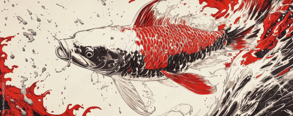 Poster vibrant koi fish leaps from water, creating dynamic splash with red and black waves. artwork capture