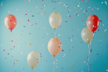 Fototapeta premium Birthday Party Scene with Balloons and Confetti on a Blue Background