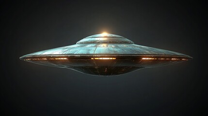 A classic flying saucer spaceship with glowing lights against a dark background.