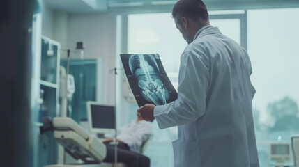 Cropped image of serious doctor examining MRI results. A male specialist working in a hospital examines an x-ray of a patient's hip joint. Medicine and hospital concept. Medical healthcare.
