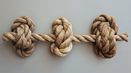 Three rope knots tied in a row on a grey background.