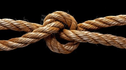 Fototapeta premium A close-up of a knotted rope against a black background. The rope is brown and worn, and the knot is tied tightly.