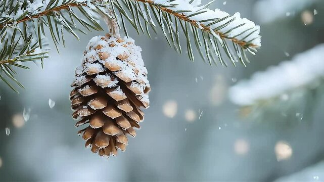 Beautiful snow-covered pine cone hanging from an evergreen tree branch.