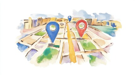 Watercolor map with red and blue location markers on a city layout.