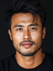 Obraz premium Portrait of a young Indonesian man with a beard with a thoughtful expression, soft studio lighting on a dark background