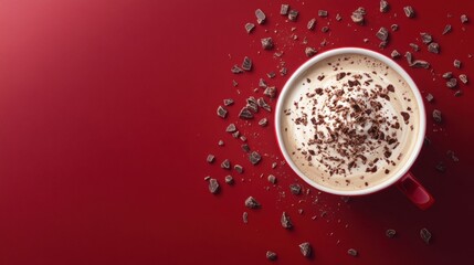 Cup of peppermint mocha with a sprinkle of cocoa on a red background