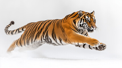 Obraz premium Majestic Tiger Leaping in Motion Against White Background