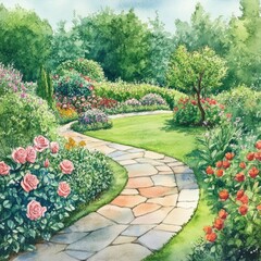 Obraz premium Peaceful Rose Garden Landscape Design: Hand-Painted Watercolor Illustration of Botanical Beauty