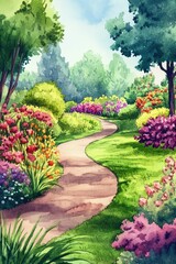 Obraz premium Serene Garden Landscape with Watercolor Floral Design and Walking Pathway