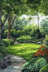 Fototapeta premium Serene Garden Oasis. Hand-painted Watercolor Landscape with Lush Greenery and Ornate Floral Design