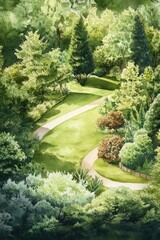 Obraz premium Tranquil Garden Oasis. Watercolor Illustration of Lush Landscape Design with Blooming Flowers and Ornamental Plants