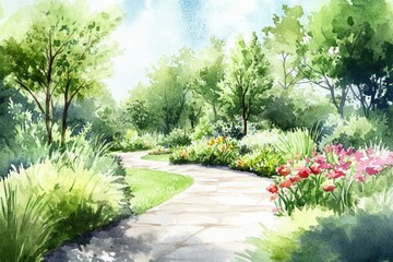 Obraz premium Tranquil Garden Oasis: Watercolor Landscape with Vibrant Flowers and Serene Pathway