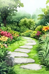 Obraz premium Tranquil Garden Oasis: Watercolor Landscape Design with Lush Plantings and Pathway
