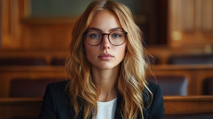A confident female lawyer presenting her case in a courtroom Her sharp attire and compelling gestures exude authority and intelligence A powerful image of women excelling in the legal profession 