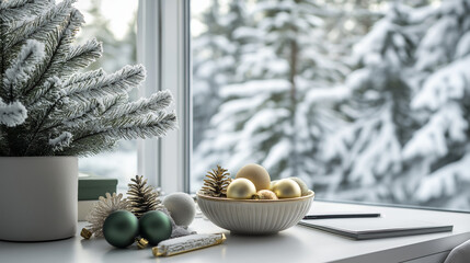 Stylish home office setup with Christmas-themed items
