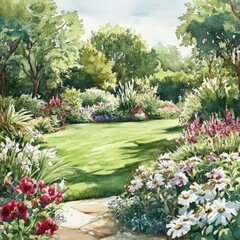 Fototapeta premium Tranquil Garden Oasis: Watercolor Landscape with Blooming Flowers and Lush Greenery