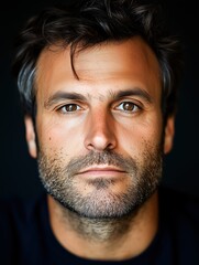 Obraz premium Portrait of a young Italian man with a beard with a thoughtful expression, soft studio lighting on a dark background