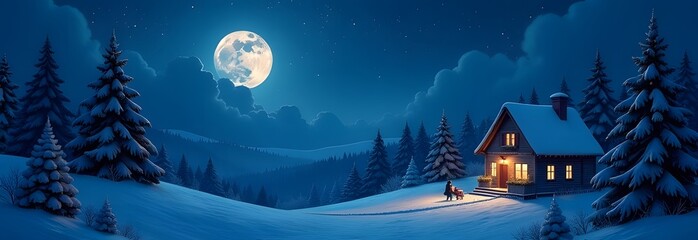 A beautifully crafted pixel art illustration depicting a picturesque snowy village during the night, illuminated by the radiant full moon