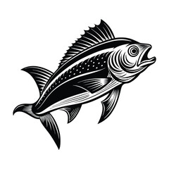 dolphin (mahi-mahi fish) fish design, labeled linocut vector silhouette illustration.