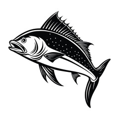 dolphin (mahi-mahi fish) fish design, labeled linocut vector silhouette illustration.
