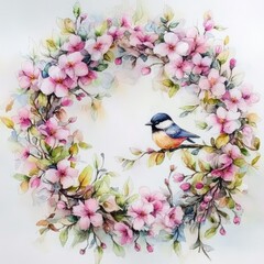 Fototapeta premium Watercolor Apple Blossom Wreath. Colorful Spring Floral Illustration for Invitations and Greeting Cards