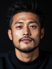 Obraz premium Portrait of a young Japanese man with a beard with a thoughtful expression, soft studio lighting on a dark background