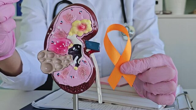 tor holding Orange ribbon with kidney Adrenal gland model. Kidney Cancer 