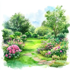 Obraz premium Watercolor Garden Landscape with Blooming Flowers on Stone Path