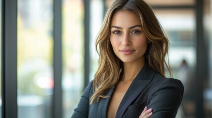 A confident woman presenting a business proposal in a sophisticated office conference room Her assertive posture and professional attire showcase her leadership skills A striking portrayal of 