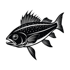 dolphin (mahi-mahi fish) fish design, labeled linocut vector silhouette illustration.