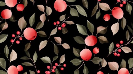 A seamless pattern featuring red apples and berries on green branches against a black background