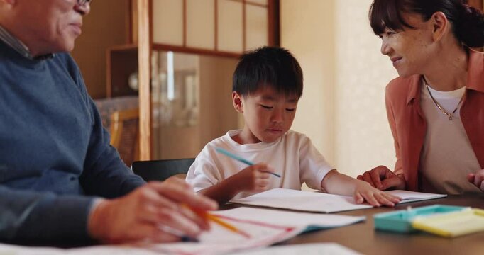 Grandparents, boy and high five in home for learning, education and support with homework, paper or laugh. Grandma, grandpa and child for development, study and teaching with school project in Japan