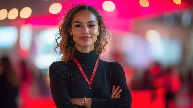 A confident woman presenting a groundbreaking idea at a creative industry conference Her sharp attire and assertive communication showcase her expertise A dynamic representation of women excelling 