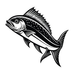 dolphin (mahi-mahi fish) fish design, labeled linocut vector silhouette illustration.