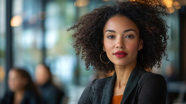 A dynamic female CEO addressing her team in a high-rise office with a city view behind her Her commanding presence exudes authority and visionary leadership A striking image of women at the 