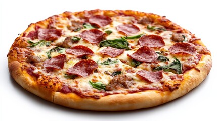 Delicious Pepperoni and Spinach Pizza on a White Background
