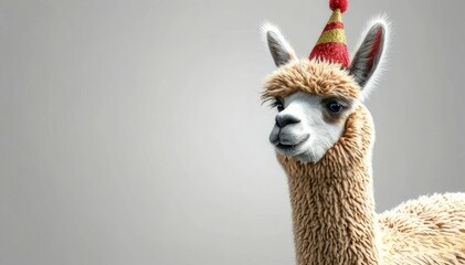Obraz premium Close-up of a cheerful alpaca wearing a golden party hat on a bright white background. Ideal for festive, fun and joyful themes.