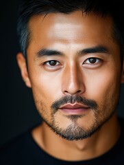 Portrait of a young Korean man with a beard with a thoughtful expression, soft studio lighting on a dark background