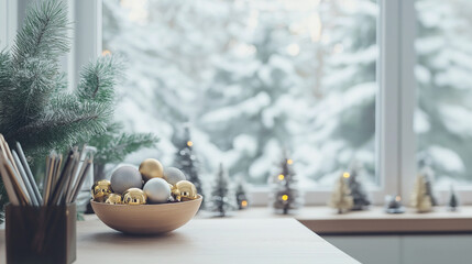 Stylish home office setup with Christmas-themed items