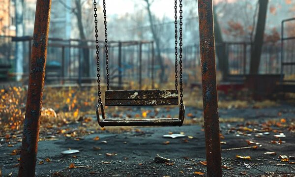 A rusty swing set in an abandoned playground, surrounded by fallen leaves and a foggy atmosphere.