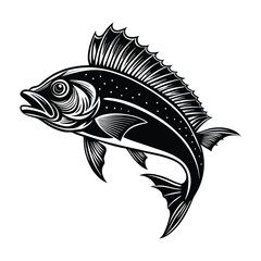 dolphin (mahi-mahi fish) fish design, labeled linocut vector silhouette illustration.